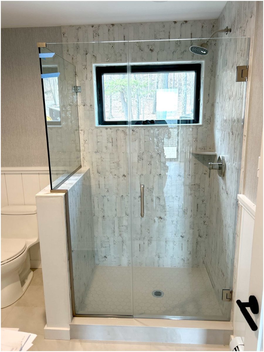 Custom frameless shower with hexagon tile wall — Shelf, Newburgh NY